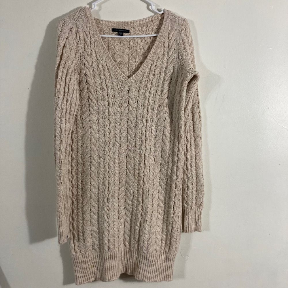 American Eagle Cable Knit Sweater Dress Womens Small Cream Beige V-Neck Mini